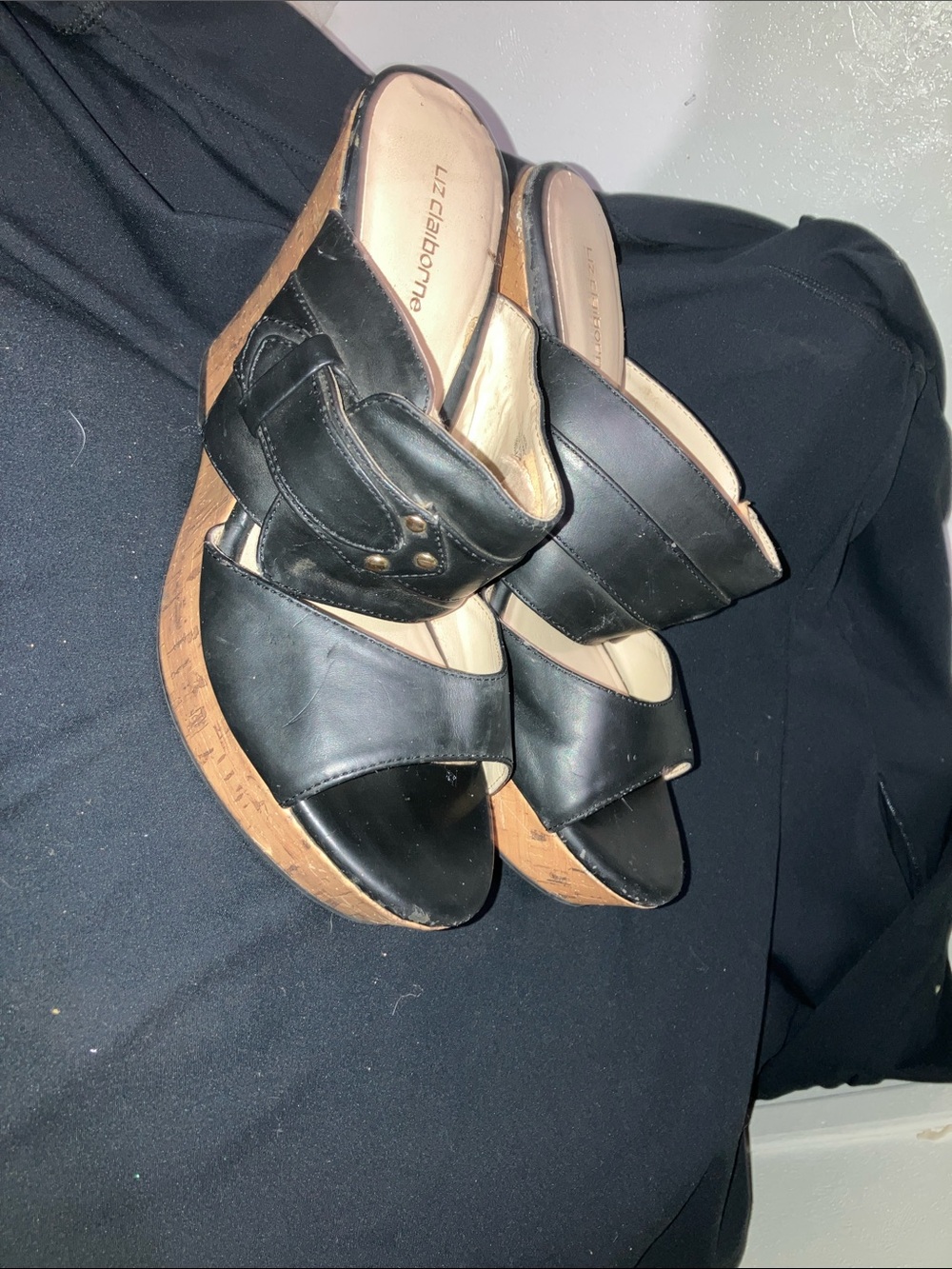 Liz Claiborne Black Leather Cork-Effect Wedge Sandals